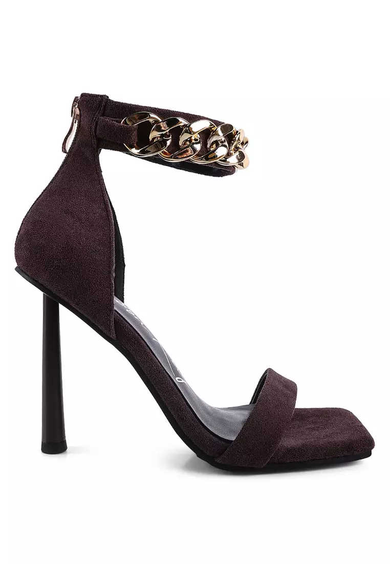 Brown Heeled Faux Suede Chain Strap Sandal