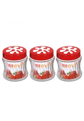 Herevin Herevin 3 Pcs 950ML Embossed Stripes Canister Set / Container Set / Storage Jar Set / Balang Kuih Kaca - Green / Purple / Red F149CHL0630D53GS_1