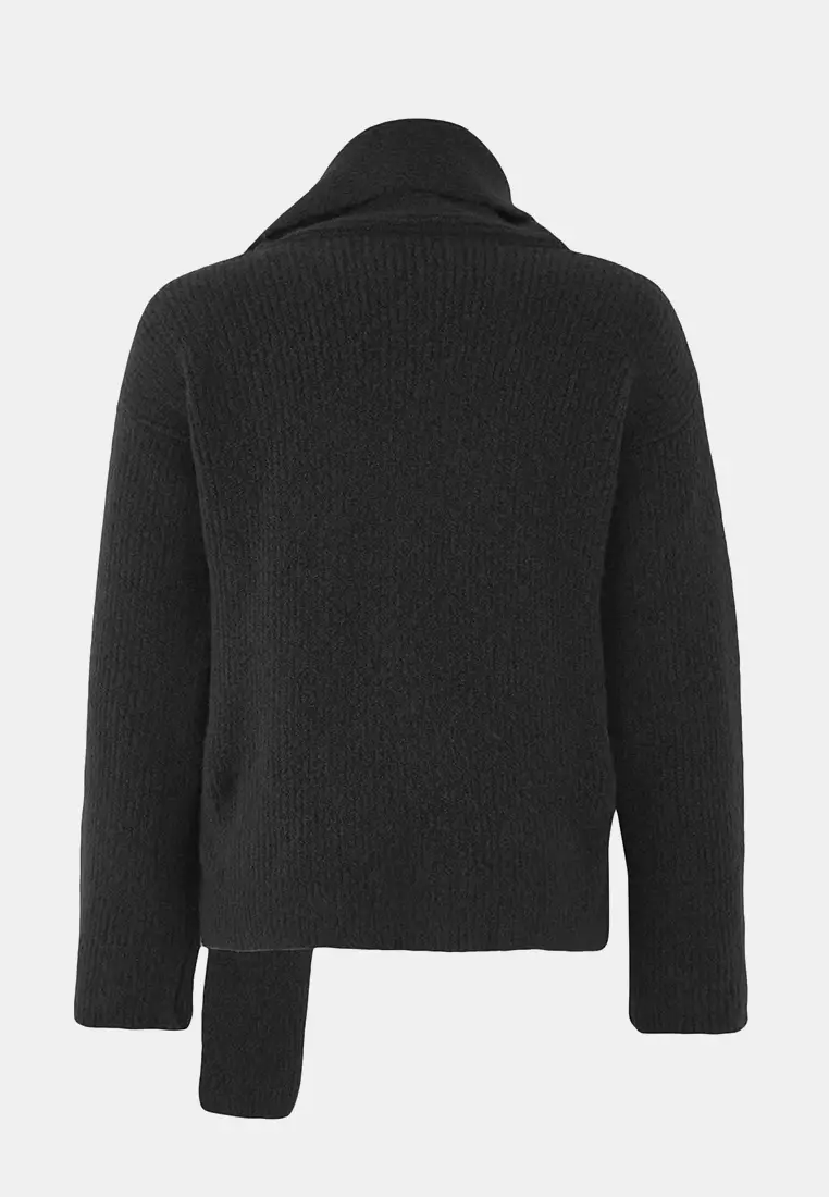 Anthracite Wool Blend Beard Yarn Shawl Collar Detailed Knitwear Sweater Twoaw26Kz00008