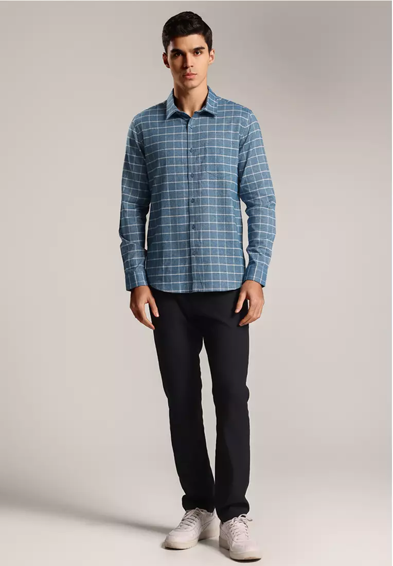 MOC - Kemeja Kotak-kotak Pria Lengan Panjang Spencer - Blue