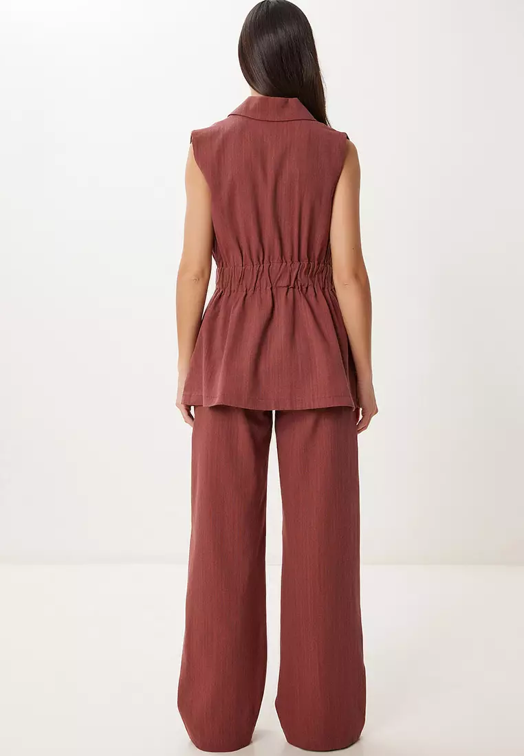 Women's Burgundy Linen Vest Pants Suit No00025