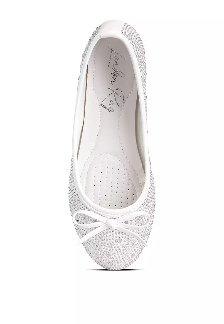 Off White Rhinestones Embellished Ballet Flats