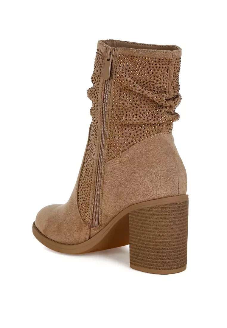 Rhinestone Studded Slouchy Ankle Boots In Beige