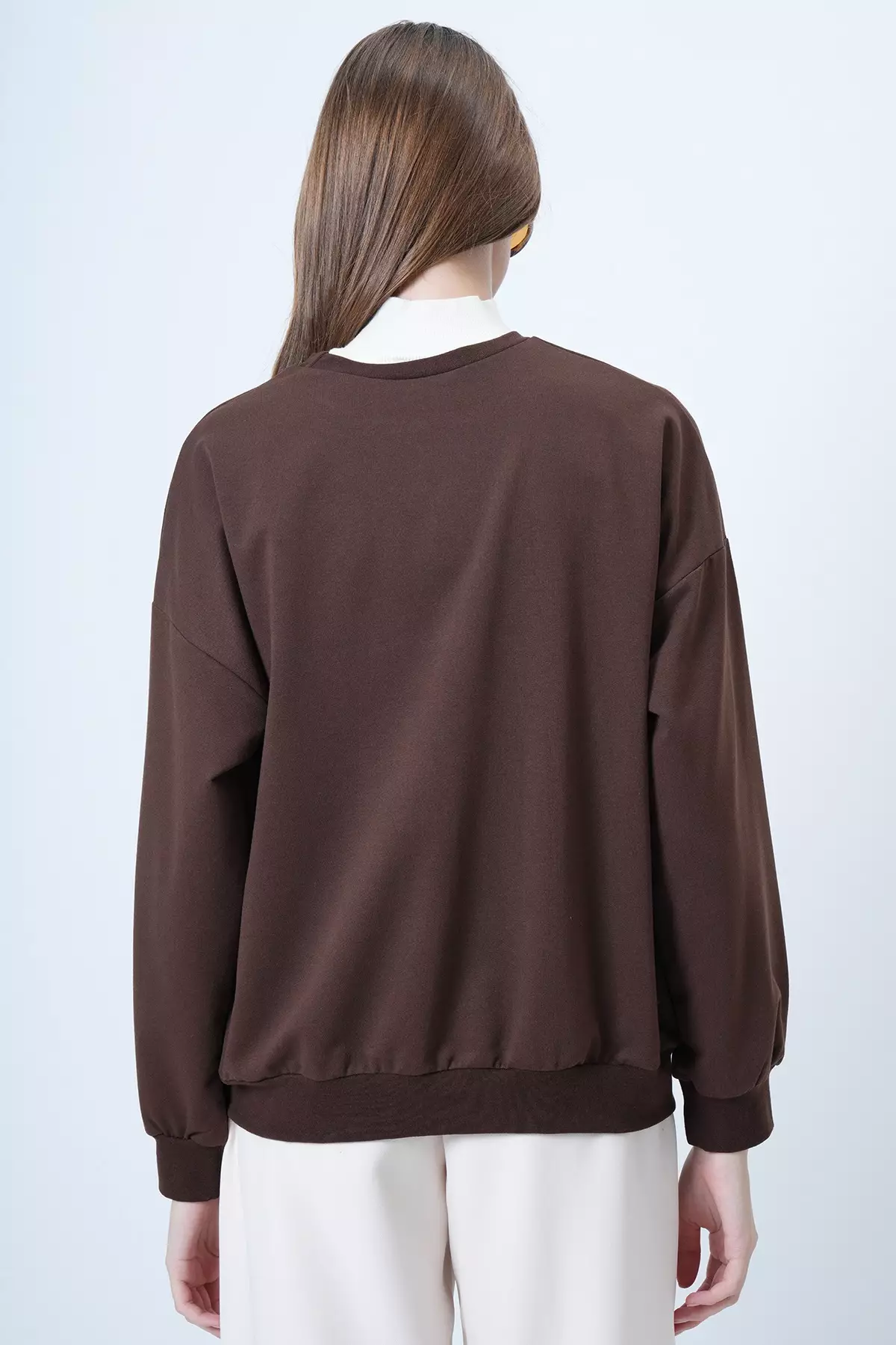 Women'S Brown Front Printed Oversize Cotton Sweatshirt Alc-X14651