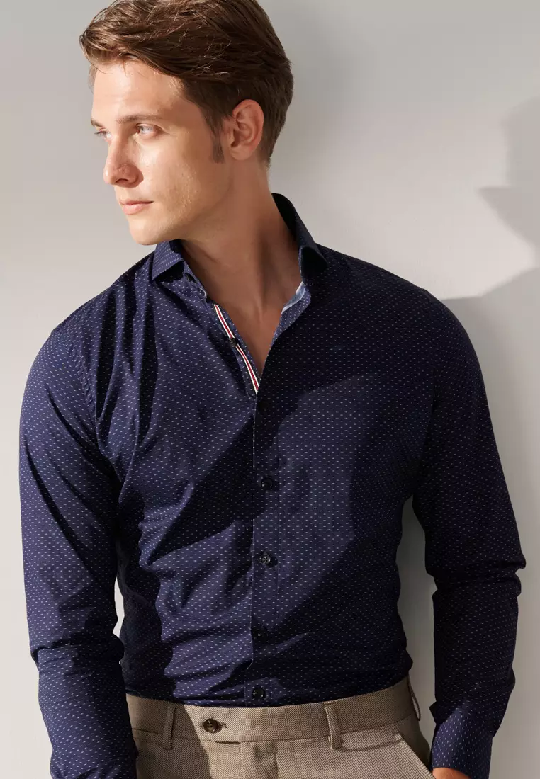 Navy Blue White Dot Print Slim Fit Shirt