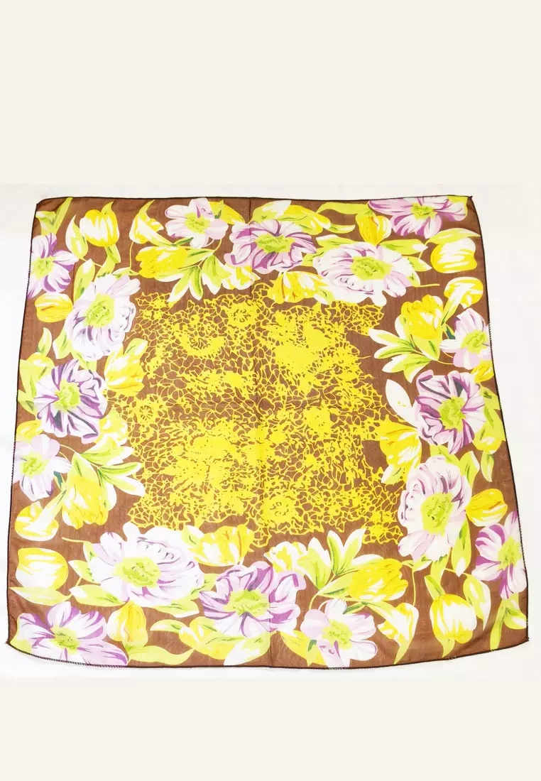 Aksesoris Scarf Wanita Flora Motif Silky Square Chiffon Scarf Segi Empat Ukuran Kecil Brown & Multi