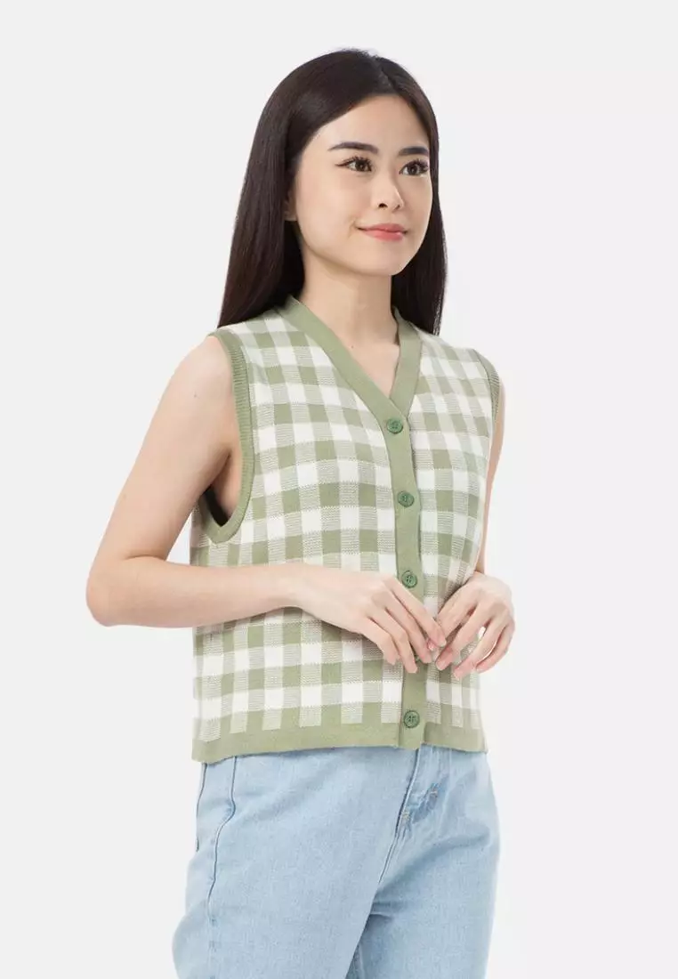 Button Knit Vest Checker in Green