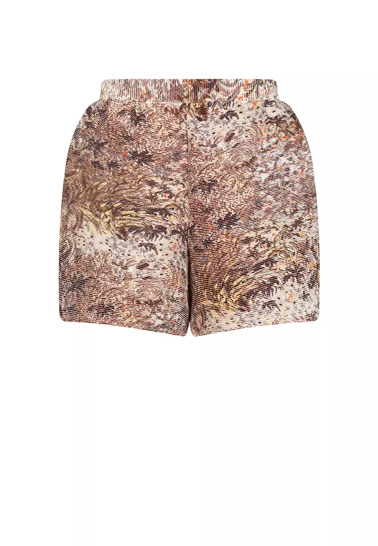 混纺图案元素阔腿卷边短裤