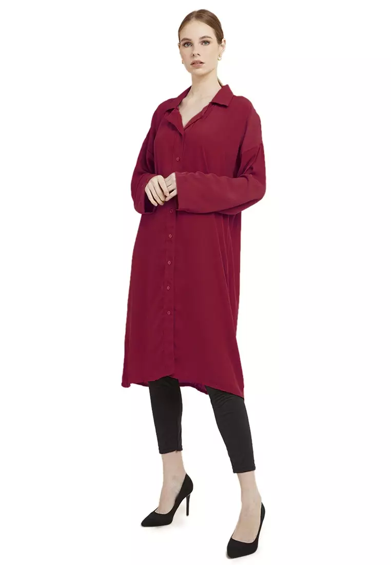 Qalita Tunik Kemeja Wanita Polos Plain Lengan Panjang Premium Quality - Maroon