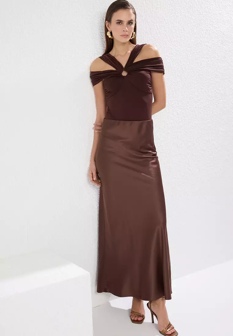 Bronze Satin Woven Long Elegant Skirt