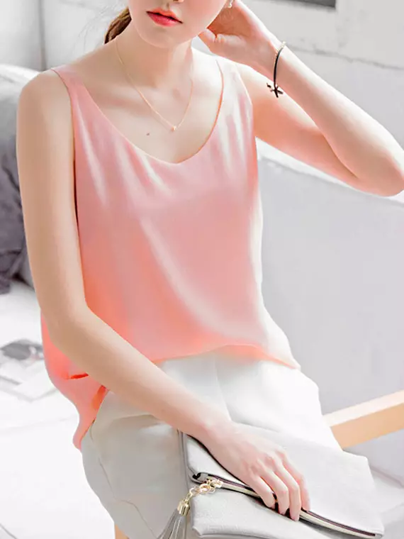 Buy OBSTYLE Double Layer Solid Color Willow Chiffon V Neck Thin