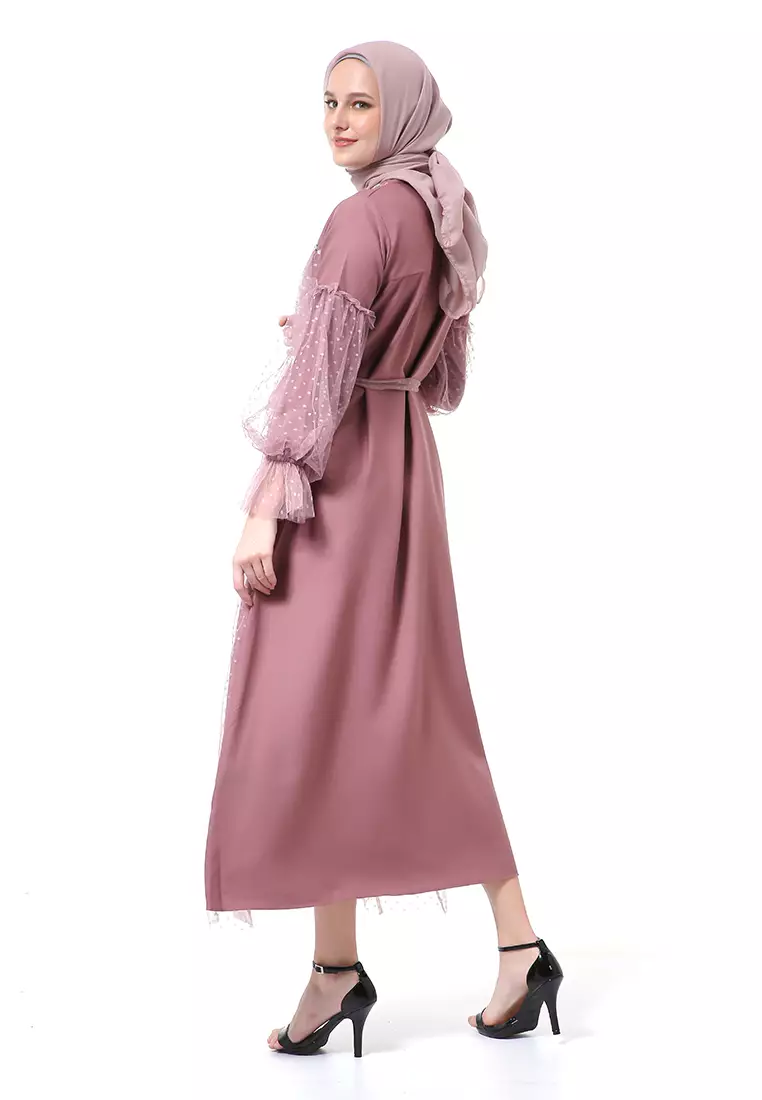 Varsha Dress Wanita Long Sleeve Motif Polos Polkadot High Quality - Opera Mauve