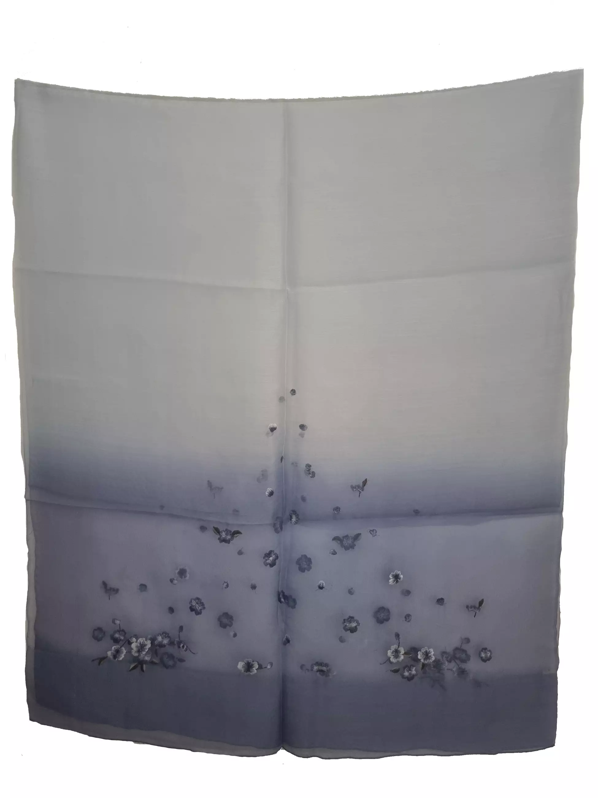 Golden Thread Gradient Embroidery Flowery Silk Shawl Syal Sutra Wanita Misty Blue 