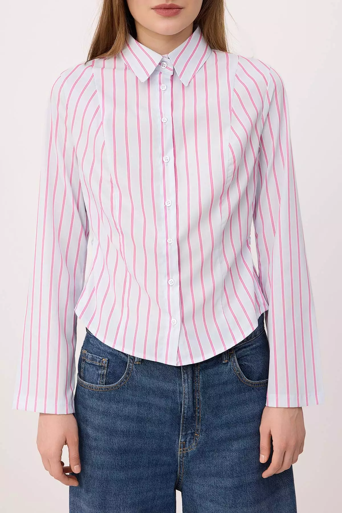 Pink-Blue Striped Waist Adjustable Lightweight Waist-Fitting Wide Sleeves Shirt Twoaw26Go13