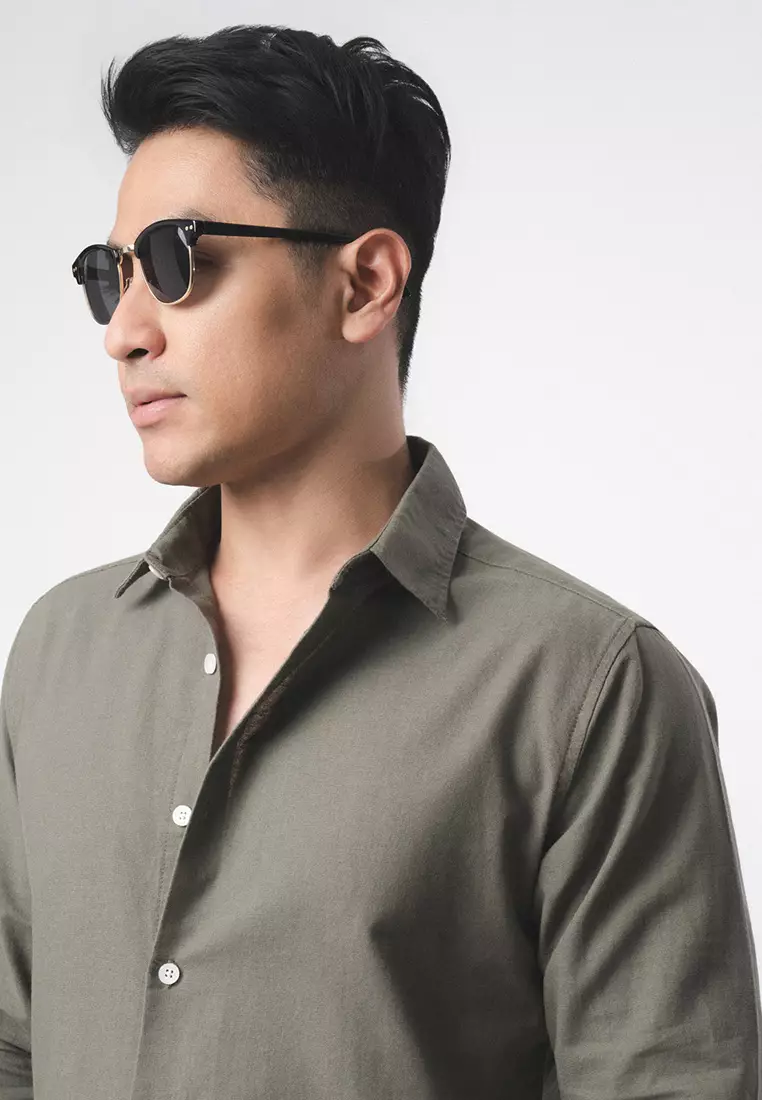 Linen Blend Slim Fit Shirt - Olive Green LS