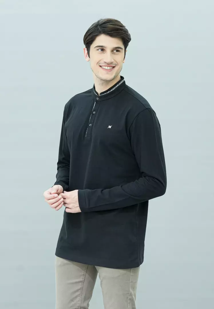 Johnwin - Kaos Henley - Kaos Lengan Panjang - Kerah Shanghai - Katun Premium