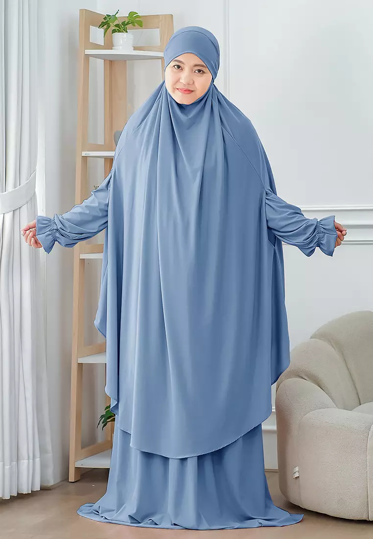 Wafa French Khimar Set | One Set Dress Abaya Syari - Blueberry Blue - XL