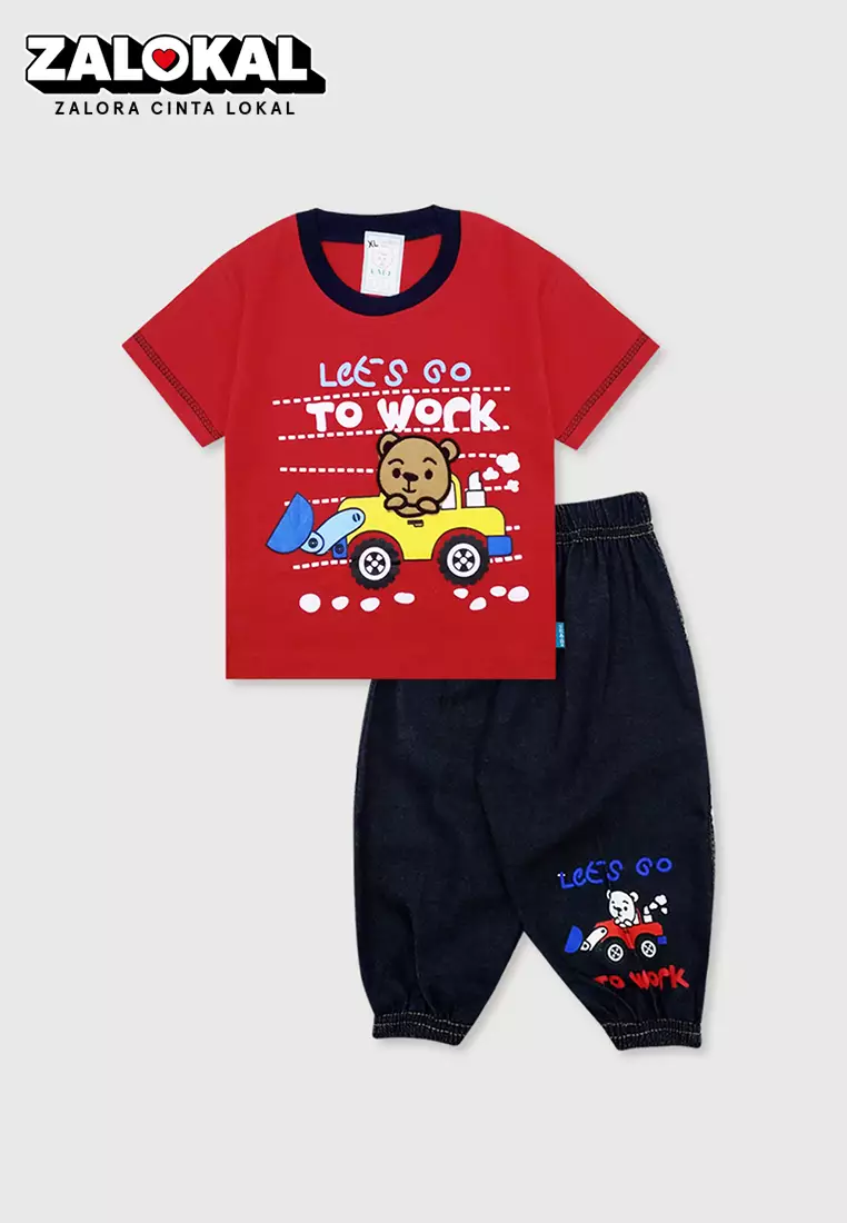Wakakids Setelan Bayi Laki Laki Baju Lengan Pendek Anak Usia 12 Bulan Hingga 18 Bulan Set Celana Jeans Jogger Motif Bear 3456 Merah