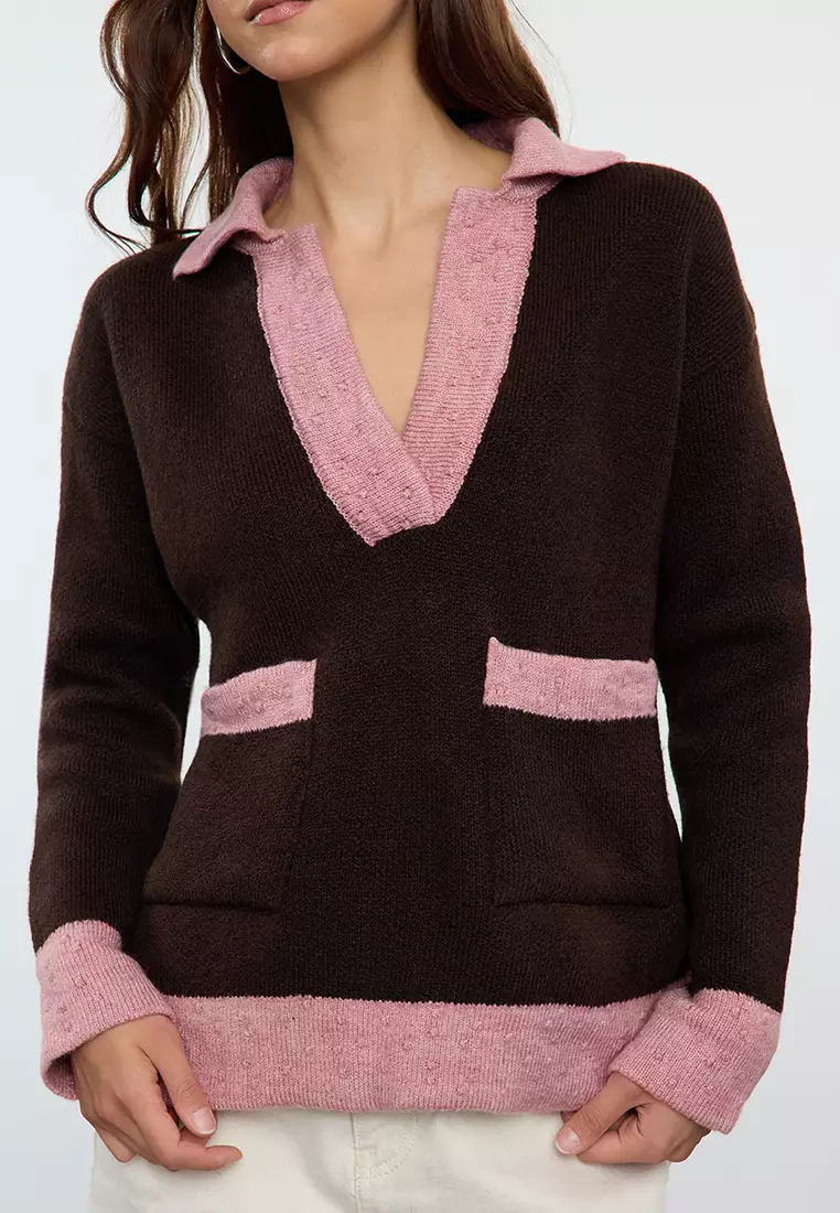 Color Blocked Soft Knitwear Sweater Brown