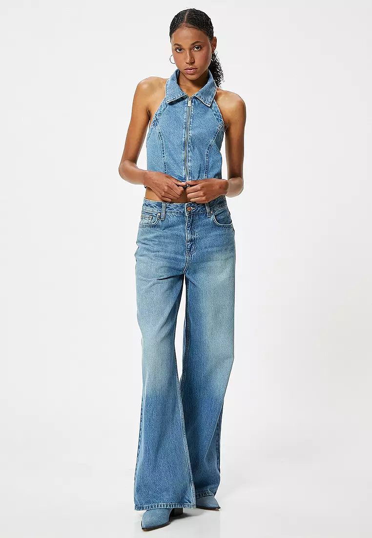 Halter Neck Denim Crop Top Zippered Backless Slim Fit