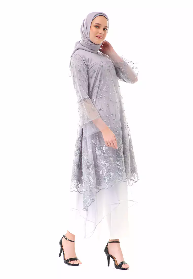 Laika Dress Muslimah Brukat Long Sleeve High Quality Premium Wanita - Gray