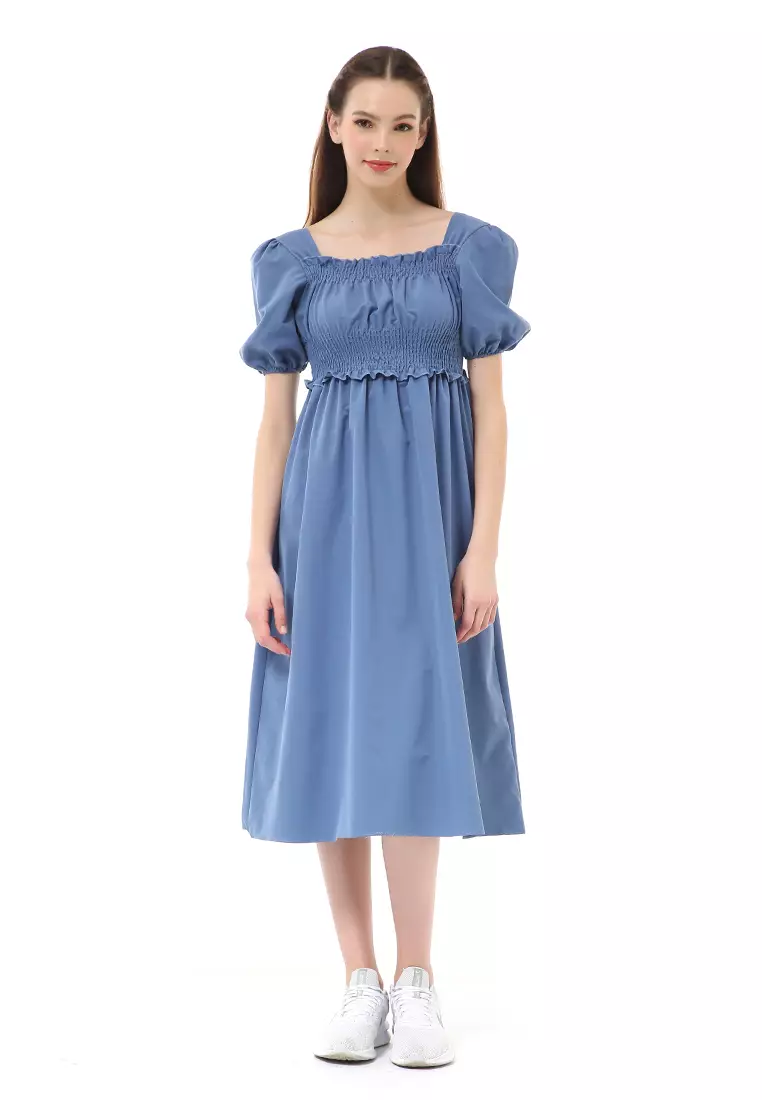 Rachel Dress Retro Wanita Full Karet Short Sleeve Material Cotton ORIGINAL - Blue