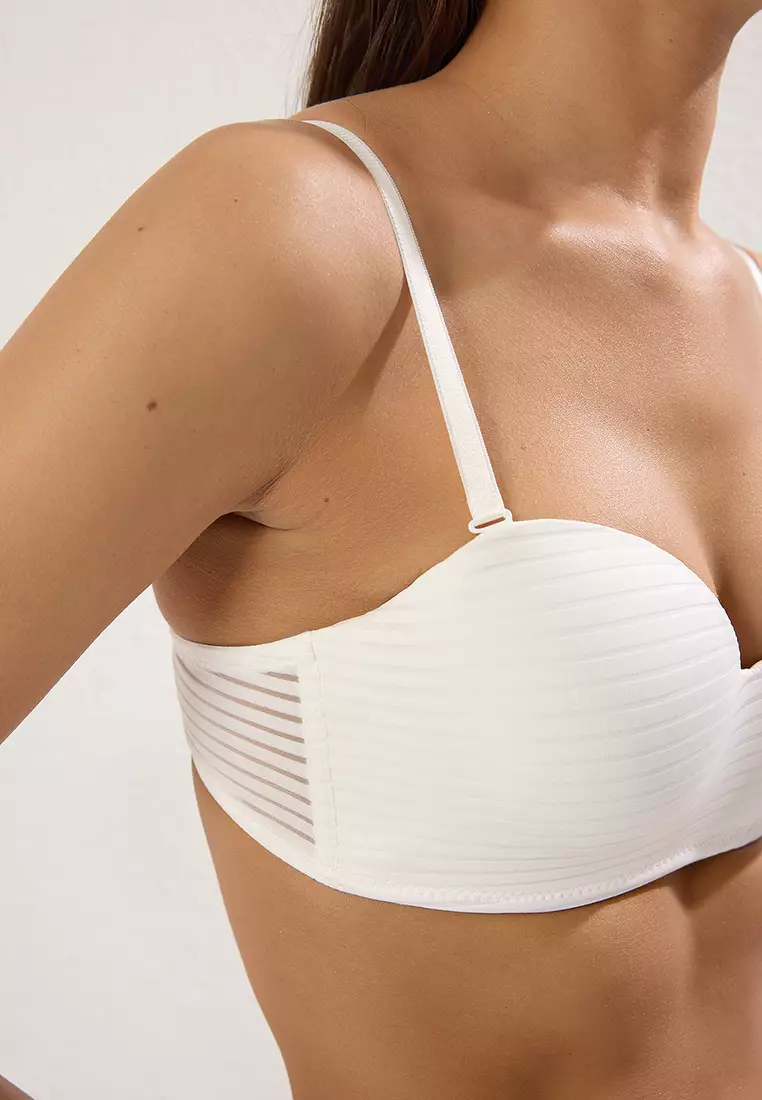 White Micro Striped Full Cup Strapless Knitted Bra THMSS25SU00037