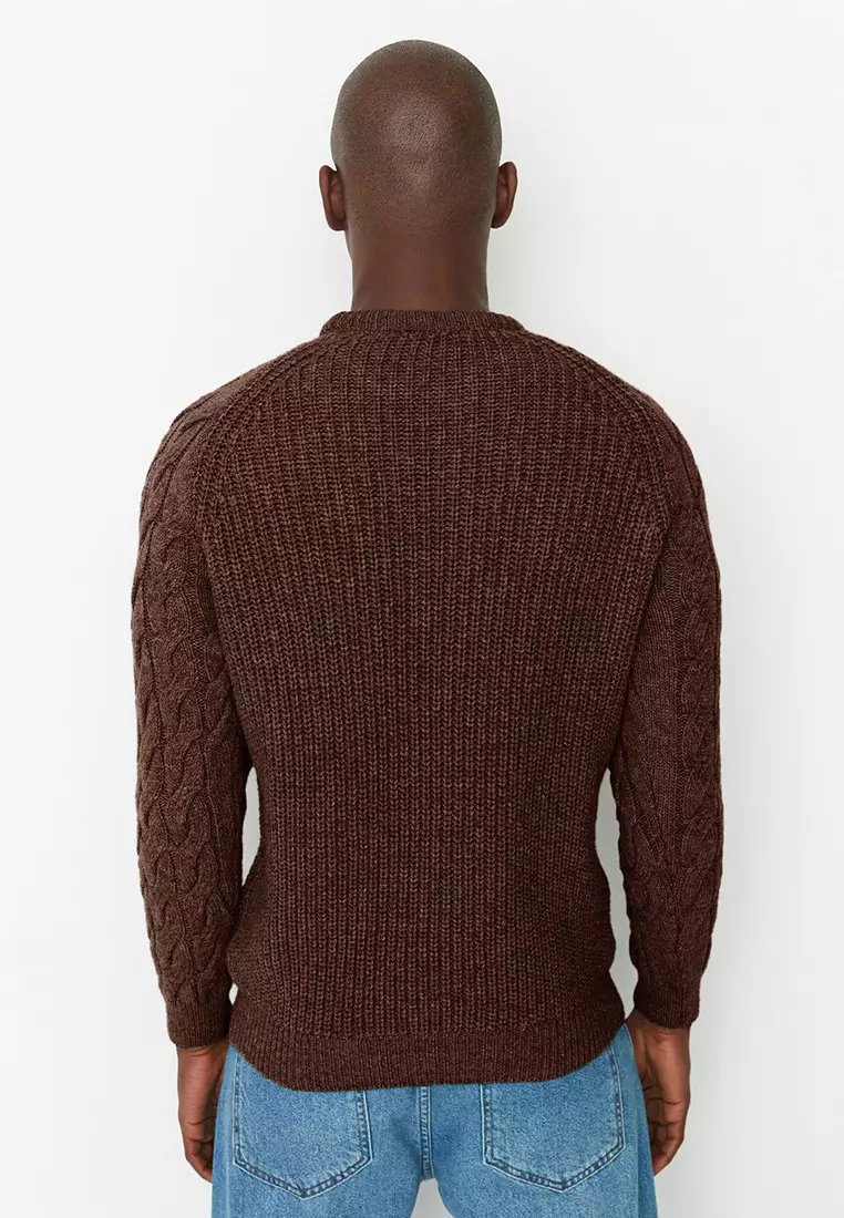 Brown Casual Unisex Regular Fit Crew Neck Wool Knitted Sweater TMNAW22KZ2059