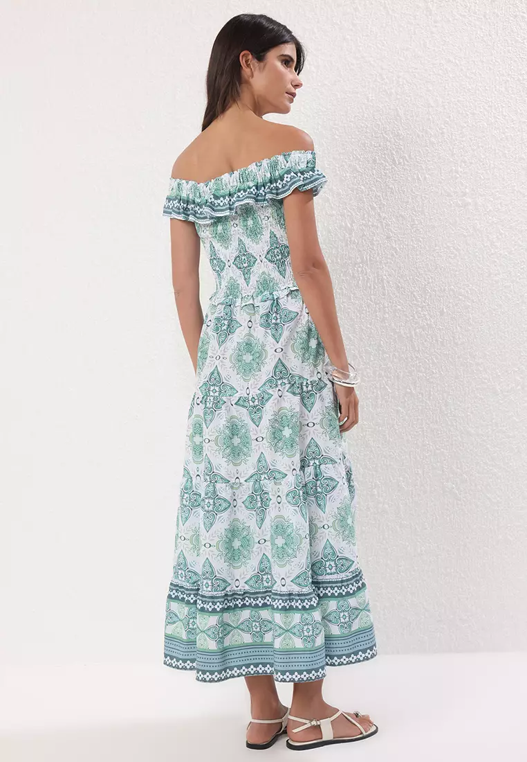 Green Floral A-Line Gipe Detail Maxi Woven Dress Twoss25El00195