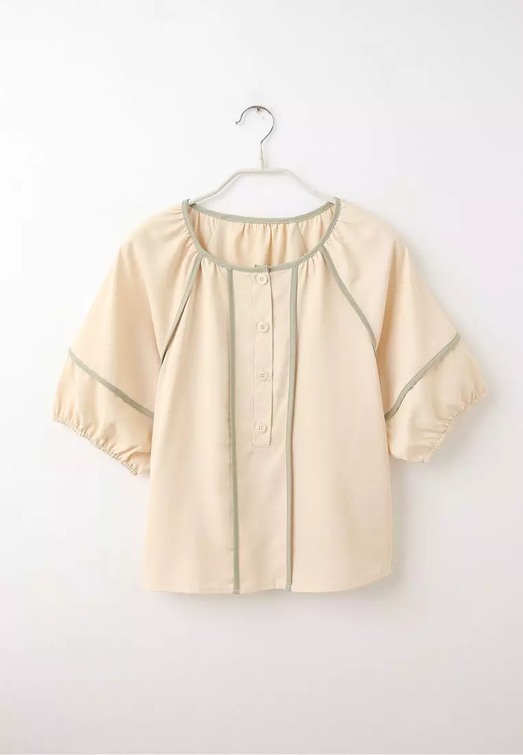 Round Neck Colorblock Trim Half-Placket Lantern Sleeve Top [AB20353]