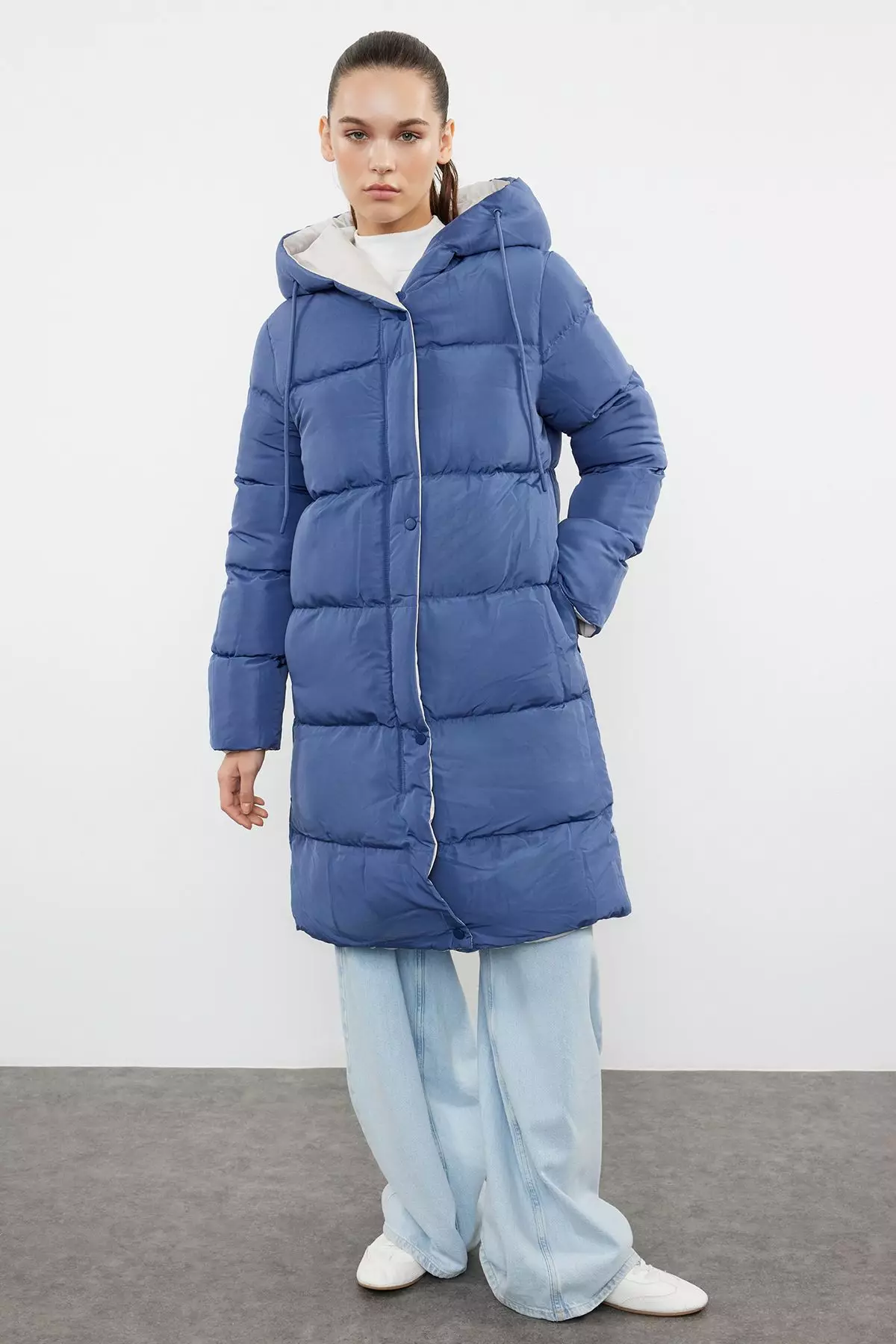 Grey-Blue Reversible Hooded Water Repellent Long Puffer Jacket TWOAW23MO00052