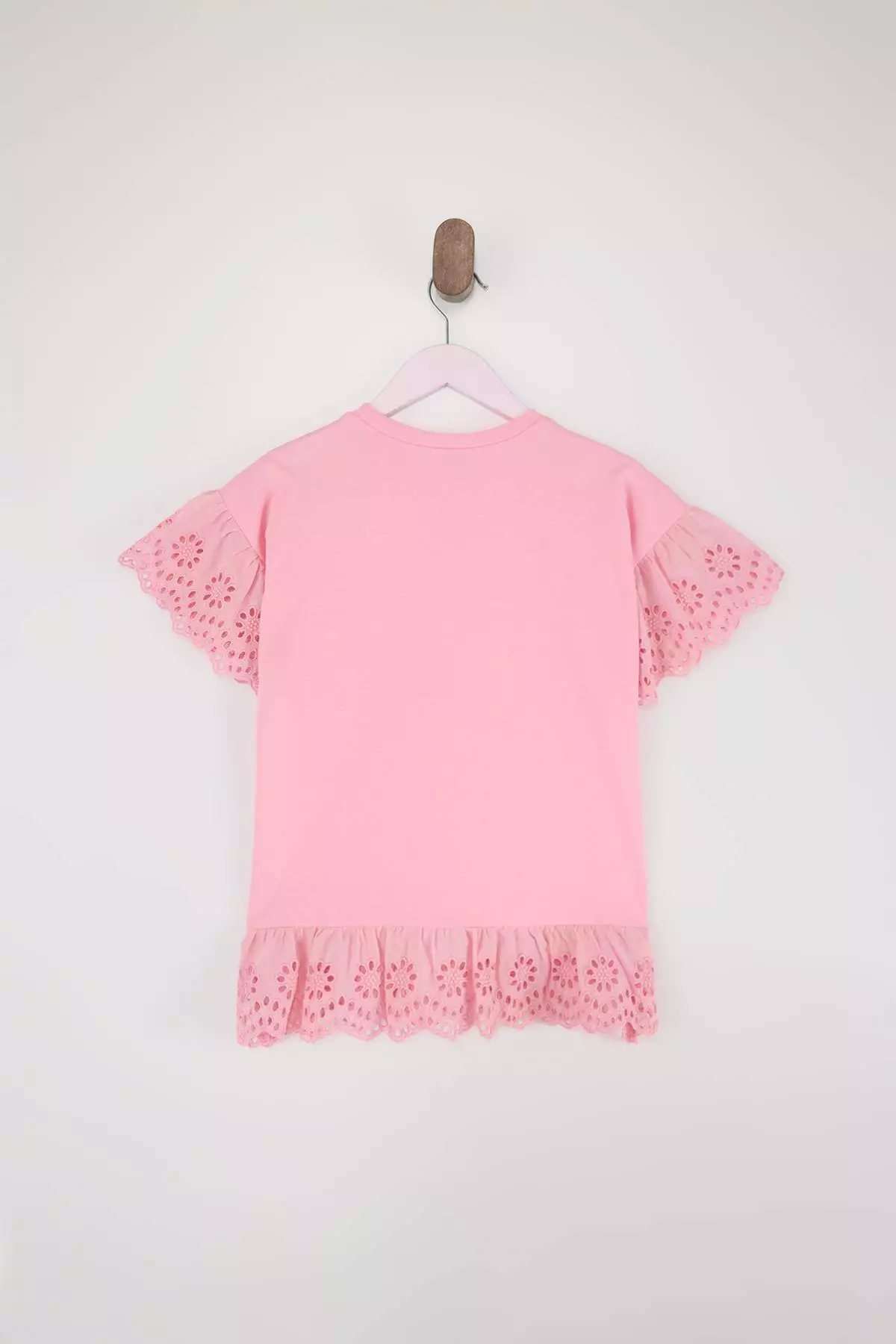 Pink Girl Child 100% Cotton Brode Detailed Short Sleeve Knitted T-Shirt/Blouse Tkdss24Ts00008