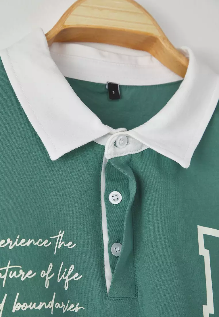 Green Oversize/Wide Cut Color Block Brooklyn Printed Polo Neck T-shirt TMNSS25PO00029