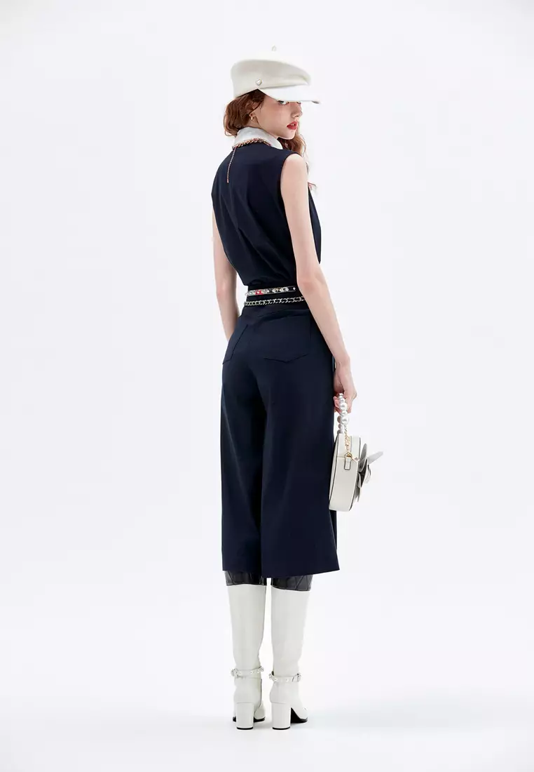 Pleated Wide Leg Navy Pants