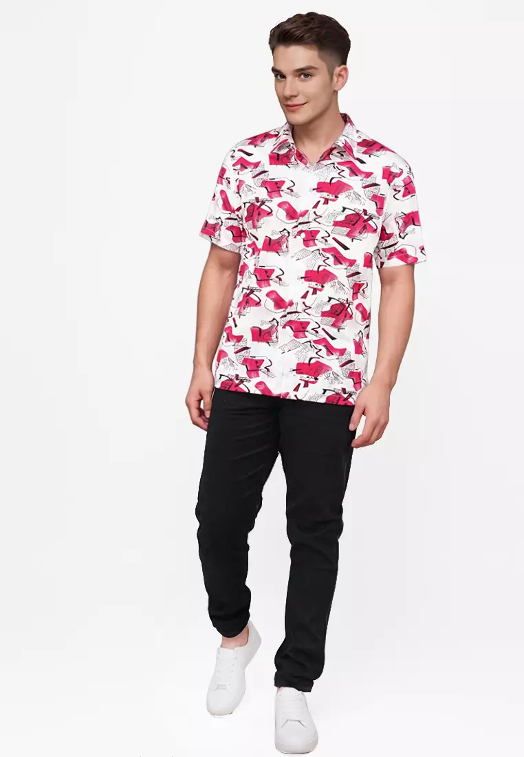 Crocodile DYNO 1143  Red - Men Shirt Kemeja Lengan Pendek - Relax Fit - Katun