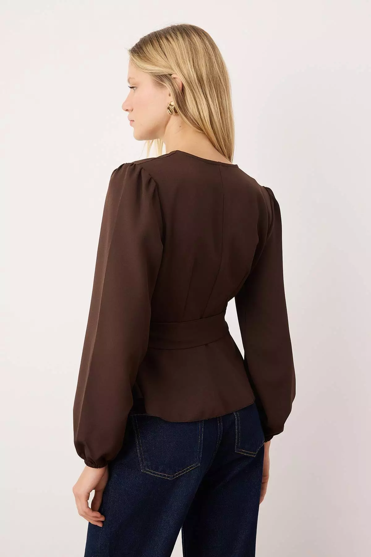 Brown Double-Breasted Woven Blouse With Tie Detail Twoaw2Bz189