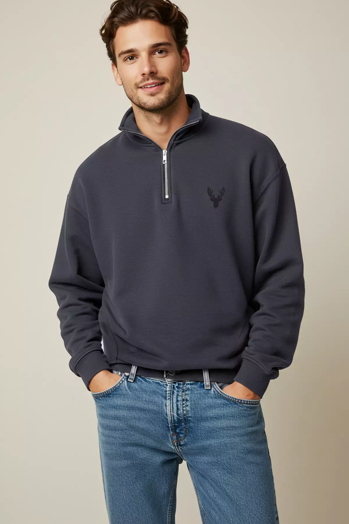 Anthracite Regular Cut Stand Collar Zippered Cotton Deer Embroidery Sweatshirt