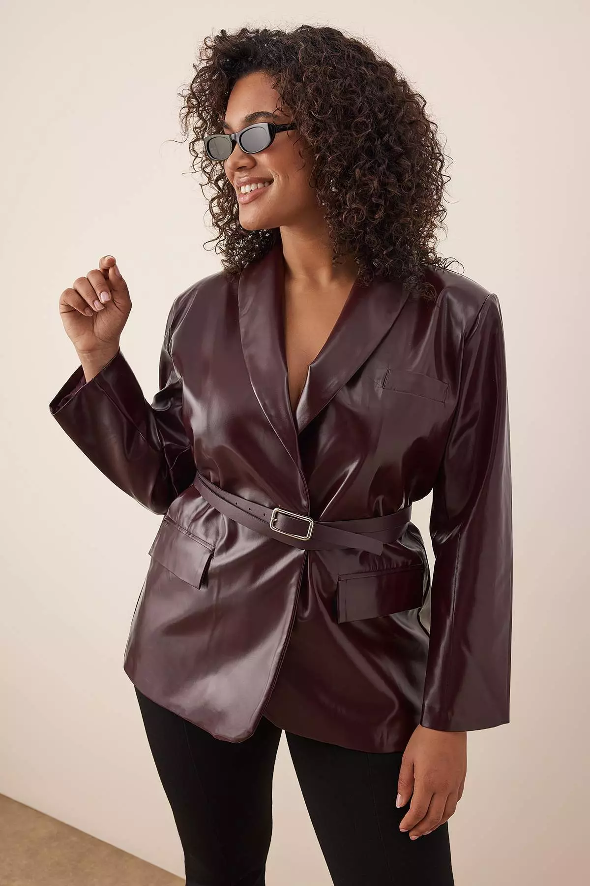 Burgundy Belted Double Breasted Closure Faux Leather Blazer Jacket Tbbaw26Ag00041