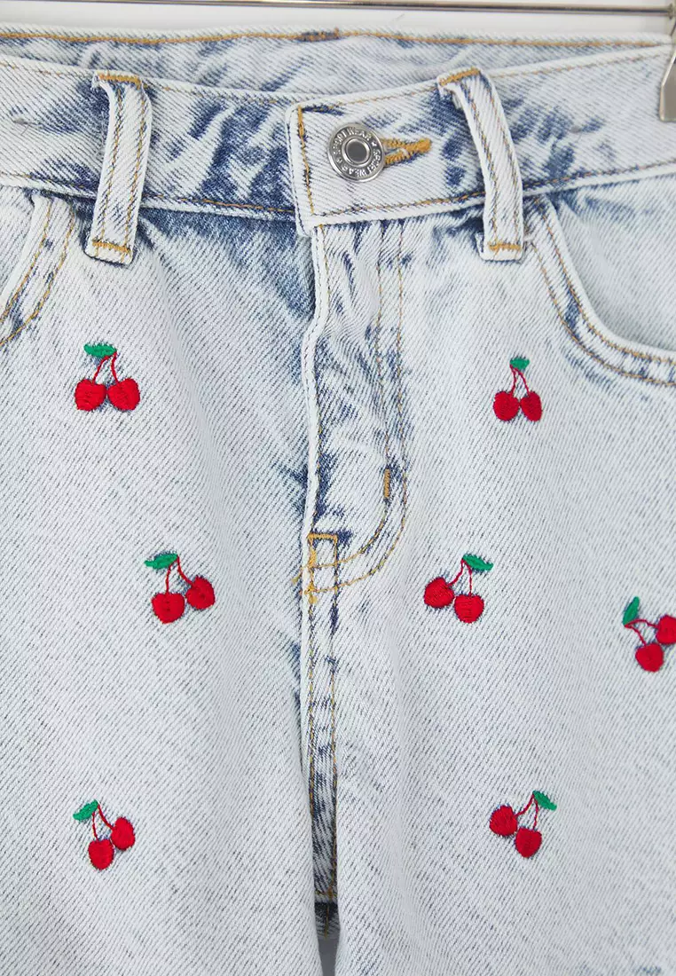 Blue Female Child 100% Cotton Cherry Embroidery Elastic Denim Shorts & Bermuda Tkdss25Sr00036