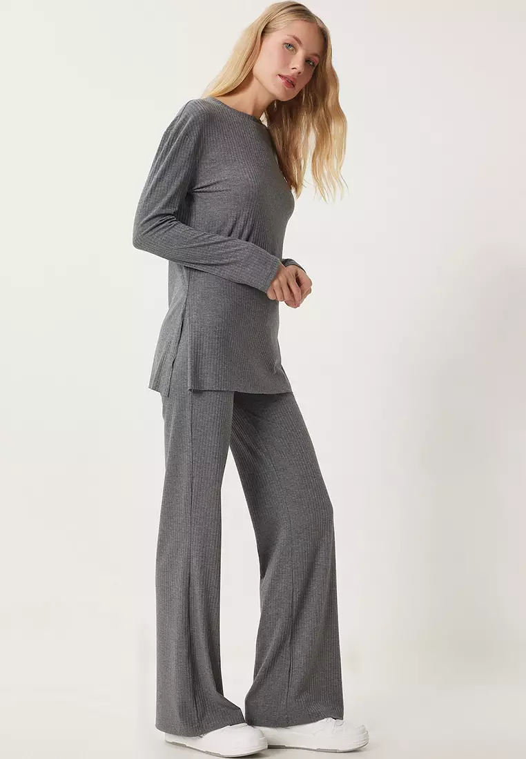 Comfortable Ribbed Knitted Blouse Trousers Set
