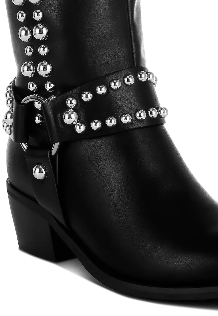 Studded Harness Detail Boots in Black