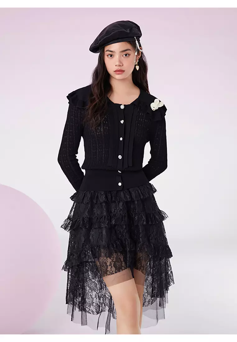 High Waist Mesh Lace Pleated Skirt