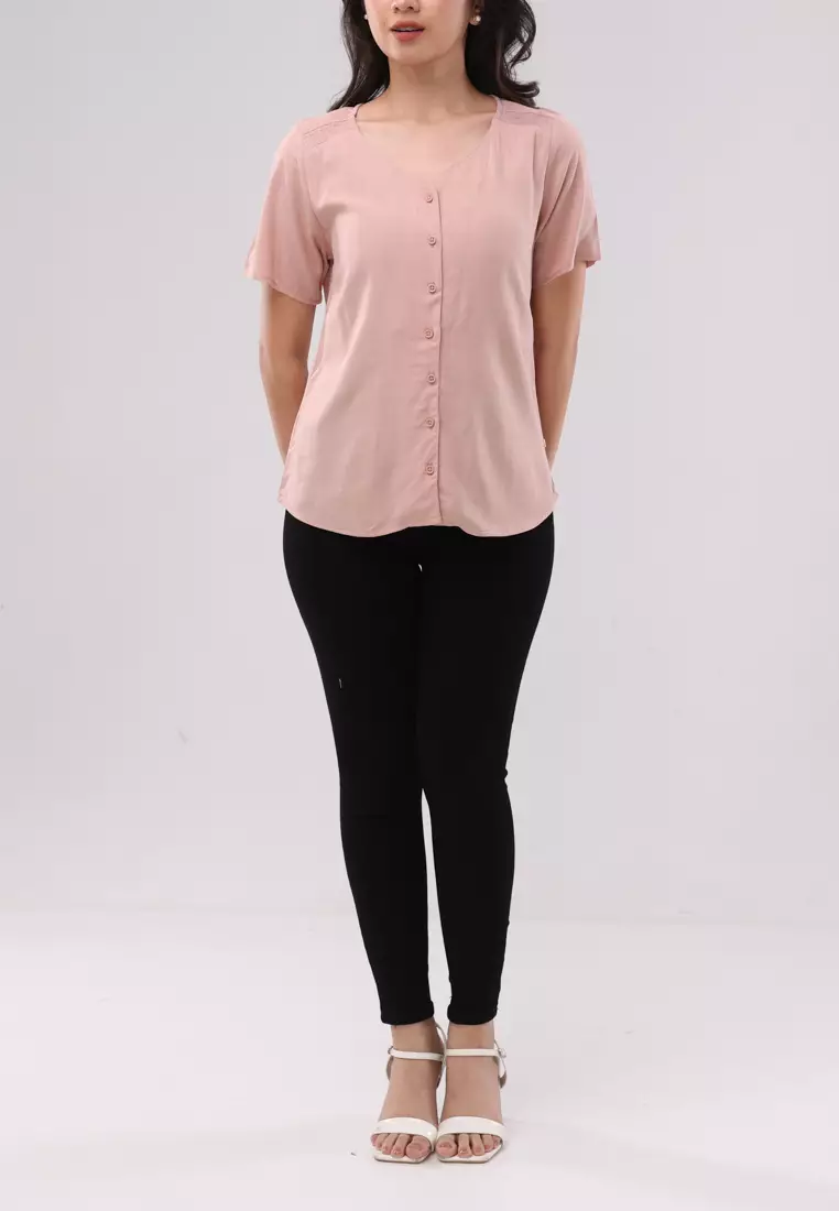 Plain Soft Linen Short Sleeves V-neck Blouse