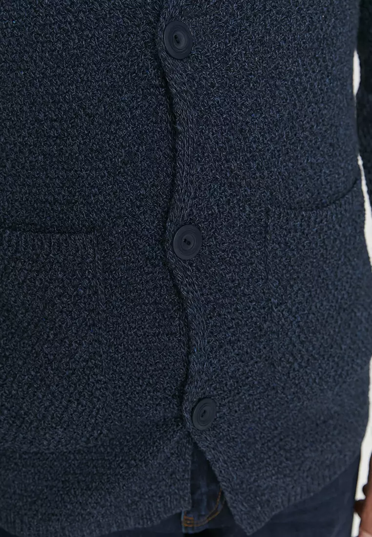Slim Fit Jacket Collar Textured Pocket Knitwear Cardigan