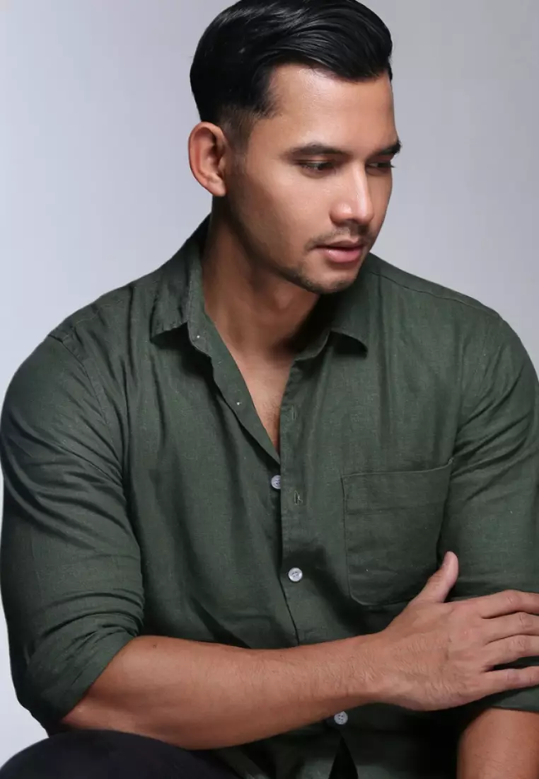 Midnight Green Kemeja Linen Lengan Panjang Pria Hijau | Linen Long Sleeve Shirt Men Green