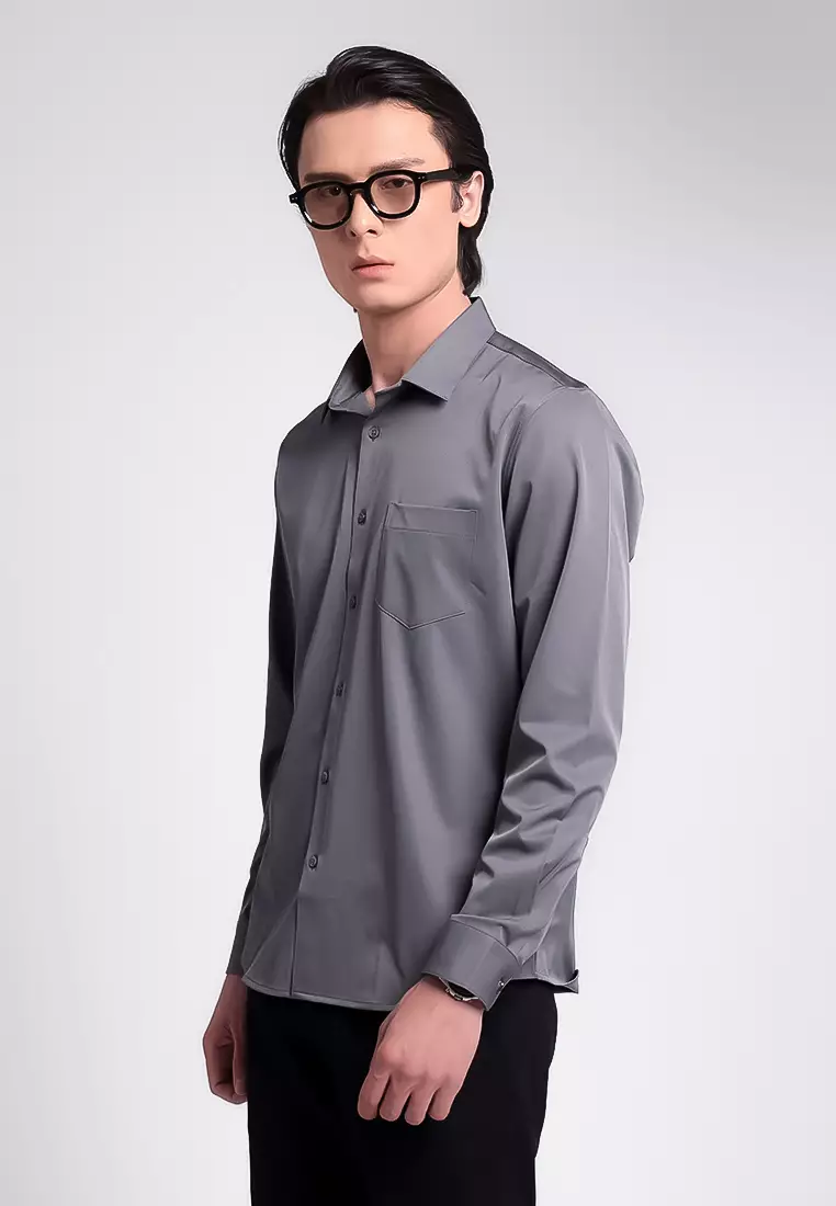 MANZONE -  Kemeja Lengan Panjang Pria Wilder 04 Slim Fit - Dark Grey Warna Grey_Dark
