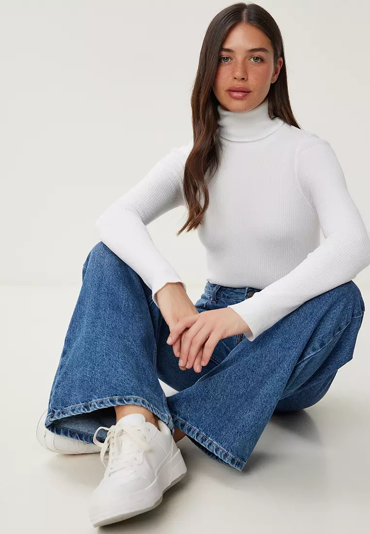 Women's White Turtleneck Stretchy Ribbed Sweater Ns00460