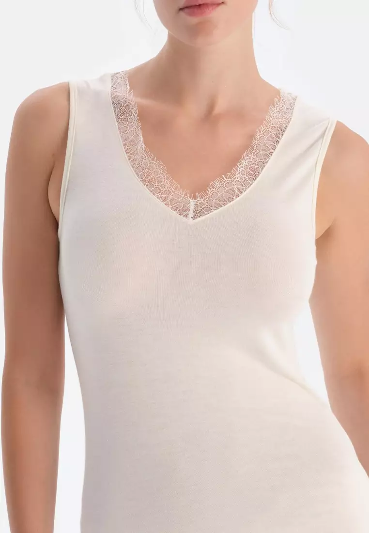 Ecru Basic Lace Tanktop, V-Neck, Regular Fit, Thick Strap Underwear for Women