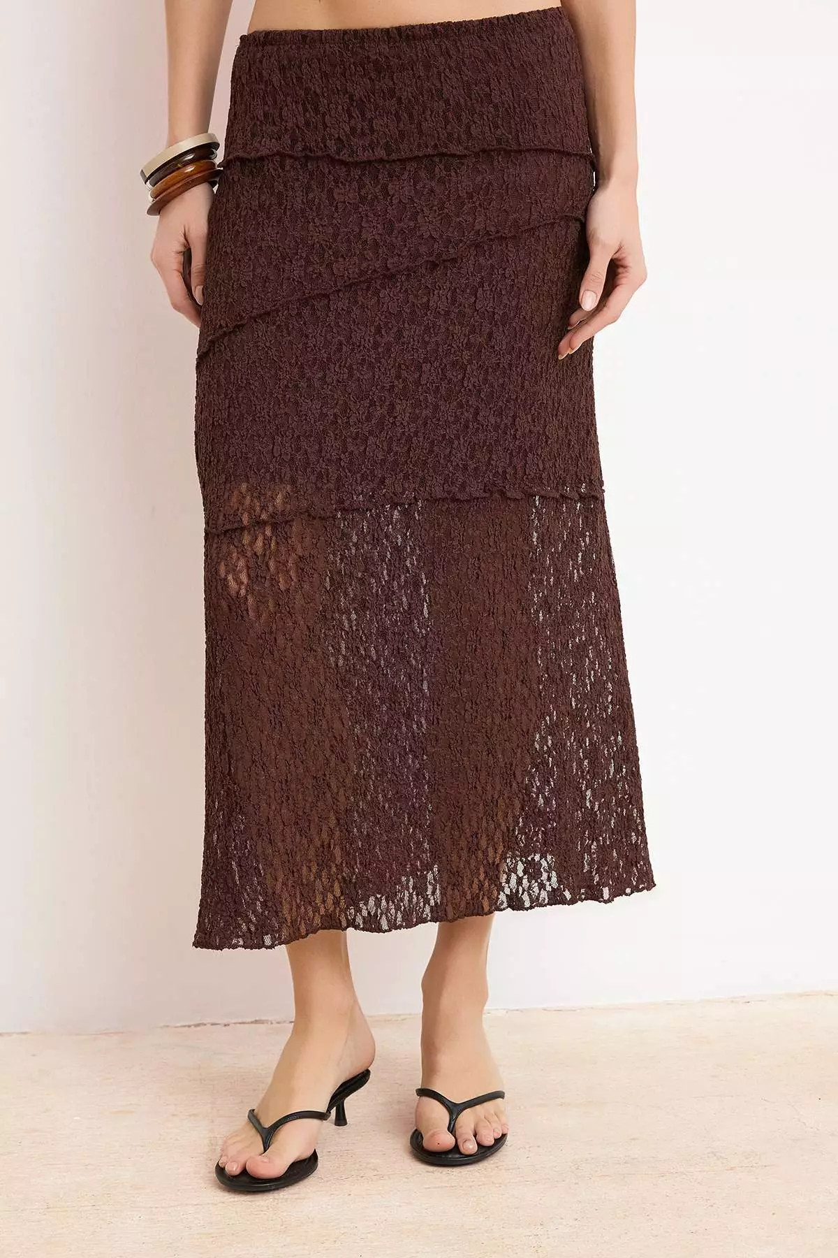 Dark Brown A Line Lace Lined Maxi Skirt Twoss25Et211