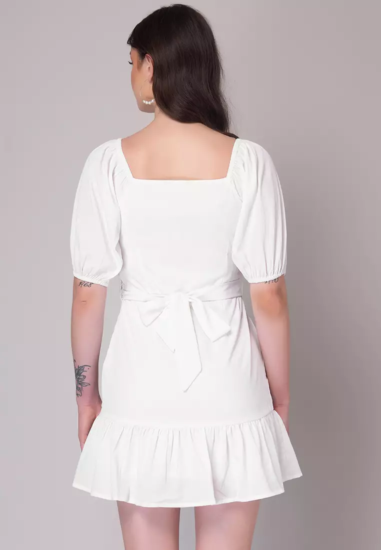White Puff Sleeve Dress With Belt